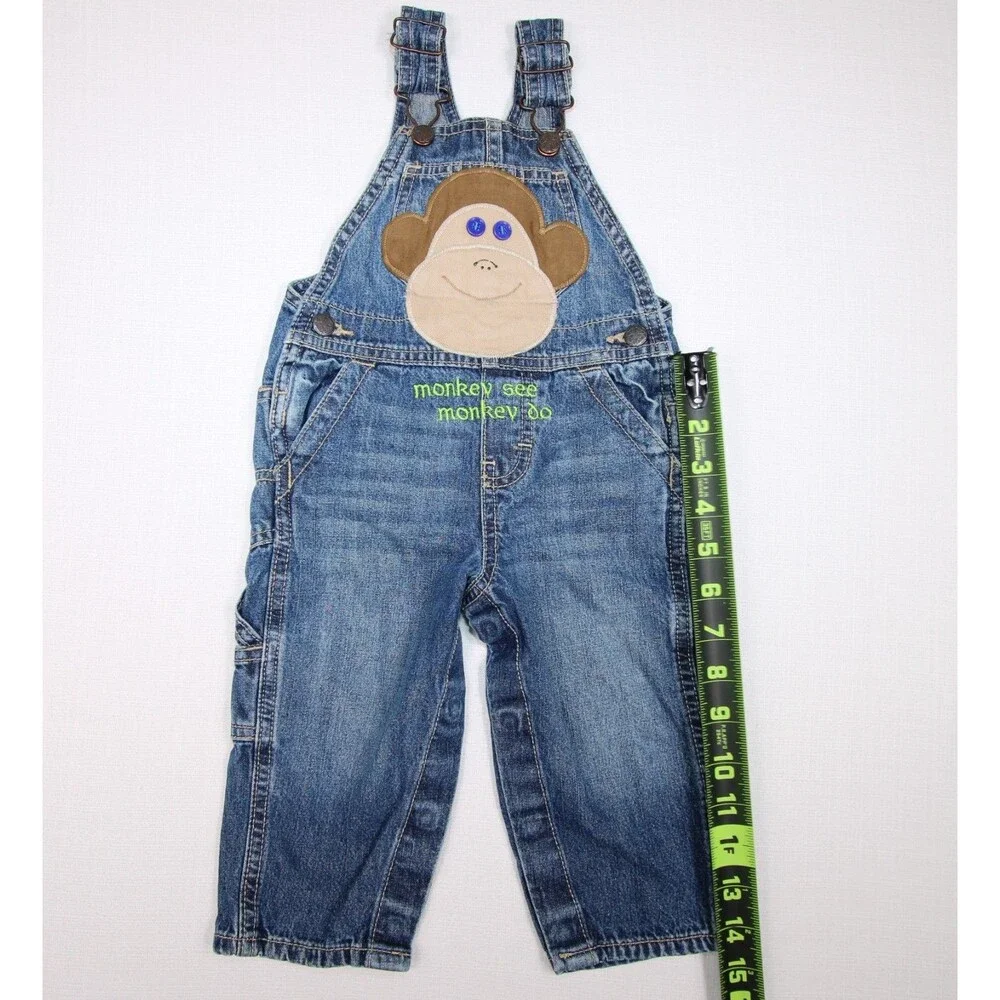 OshKosh B'Gosh Baby Boy Size 12 Months Monkey See Monkey Do Blue Denim Overalls